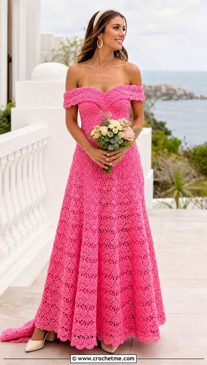Shell Stitch Off Shoulder Crochet Wedding Dress - 25 Handmade Crochet Wedding Dress outfit ideas