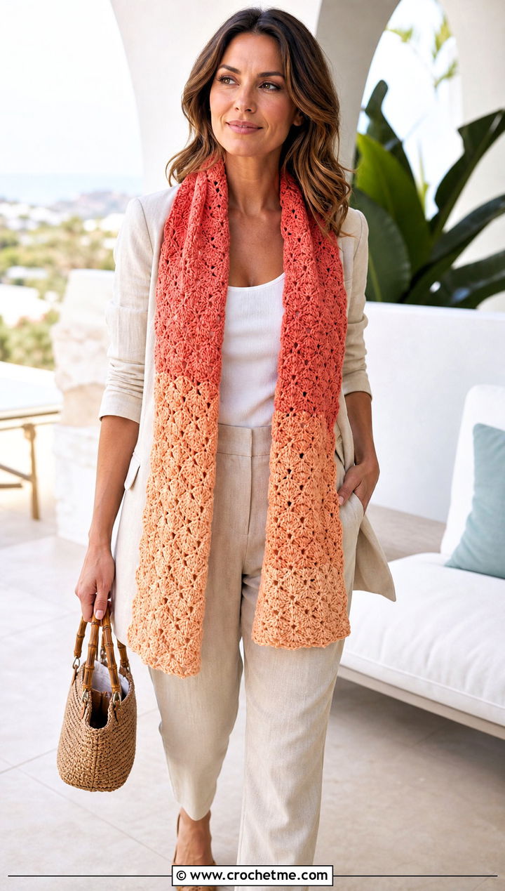 Shell Stitch Ombre Crochet Scarf With Linen Suit - 25 Ombre Crochet Scarf outfit ideas