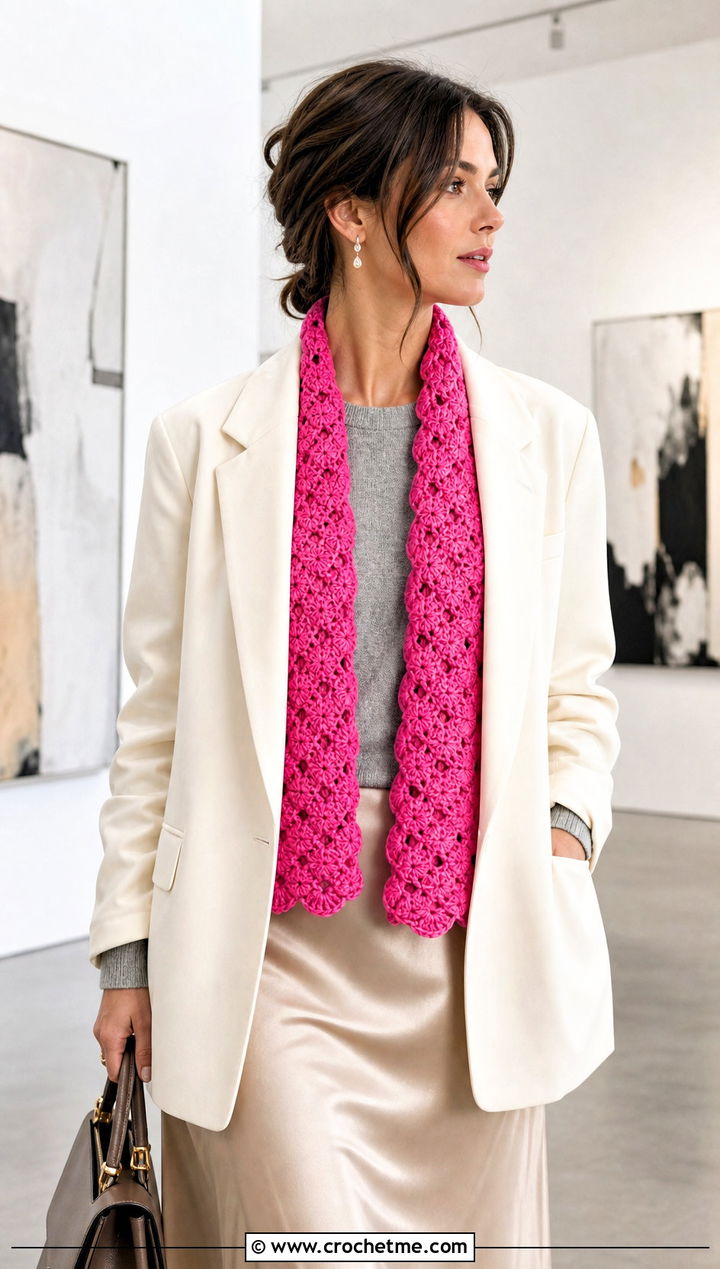 Shell Stitch One Row Repeat Crochet Scarf With Blazer And Satin Skirt - 20 one row repeat crochet scarf outfit ideas