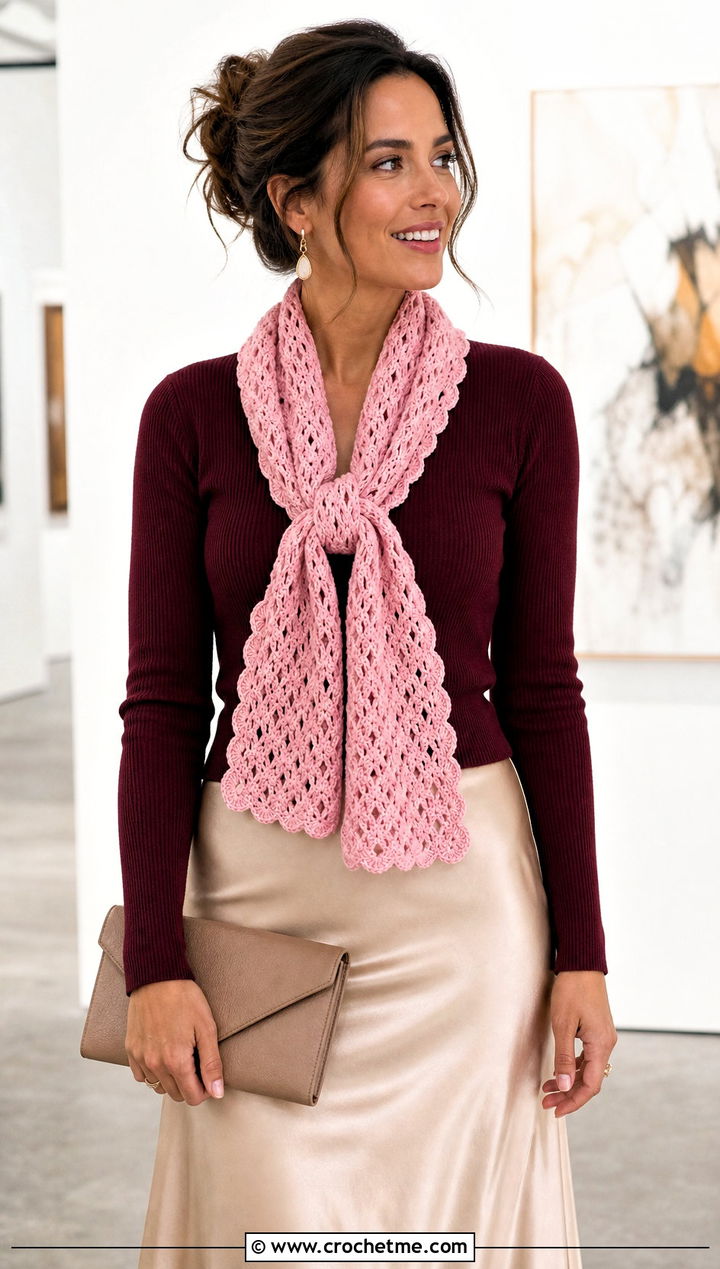 Shell Stitch Openwork Crochet Scarf With Satin Skirt - 15 openwork crochet scarf outfit ideas