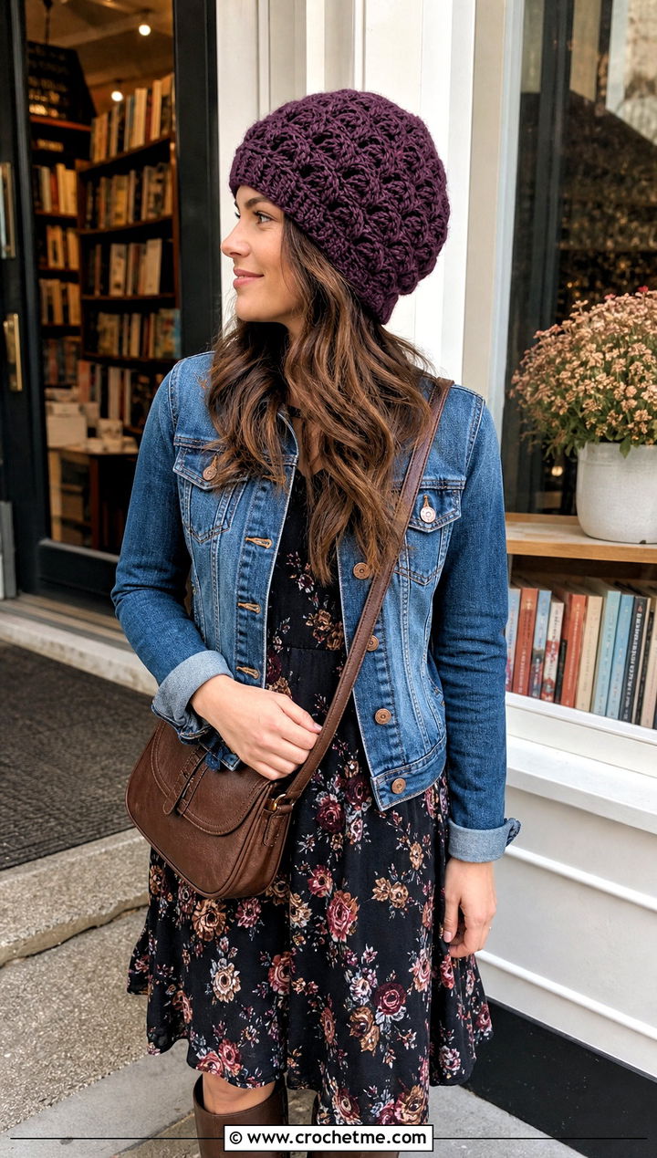 Shell Stitch Oversized Crochet Beanie With Floral Midi Dress - 15 Oversized Crochet Beanie outfit ideas