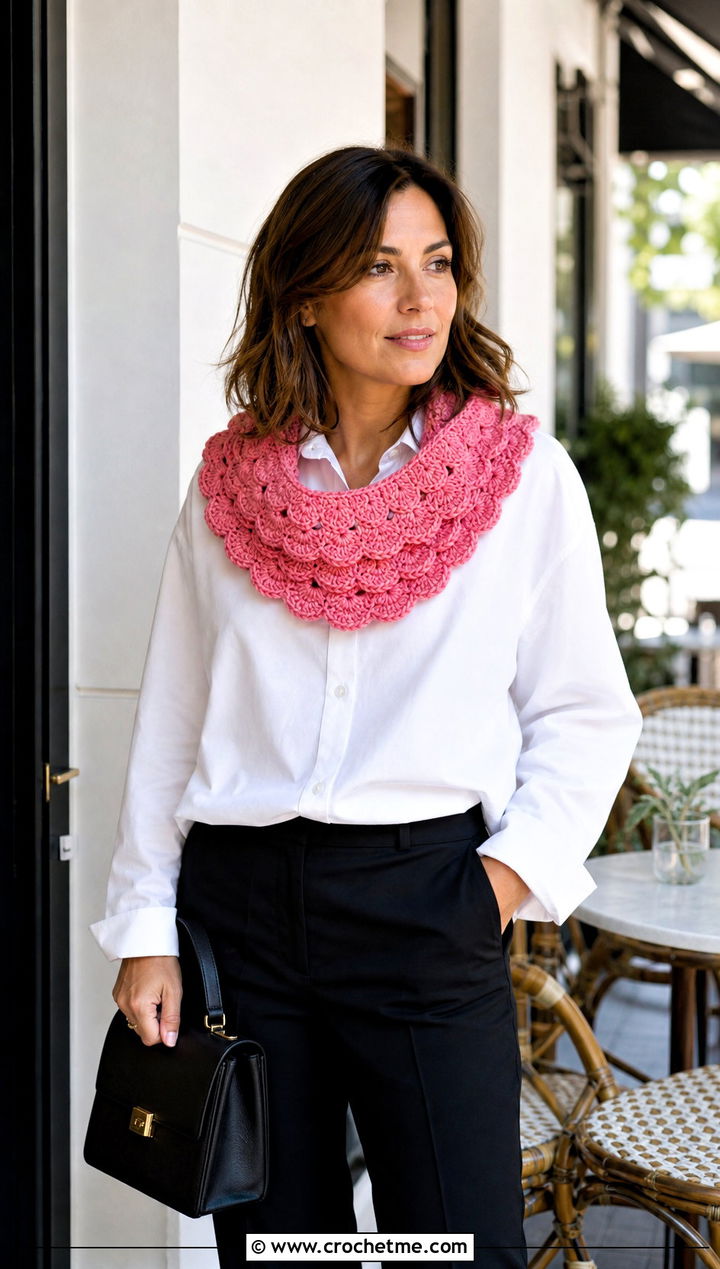 Shell Stitch Pink Crochet Cowl With White Shirt - 15 pink crochet cowl outfit ideas