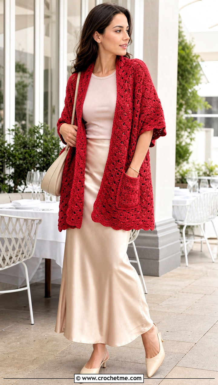 Shell Stitch Pocket Crochet Shawl With Satin Slip Skirt - 15 Pocket Crochet Shawl outfit ideas