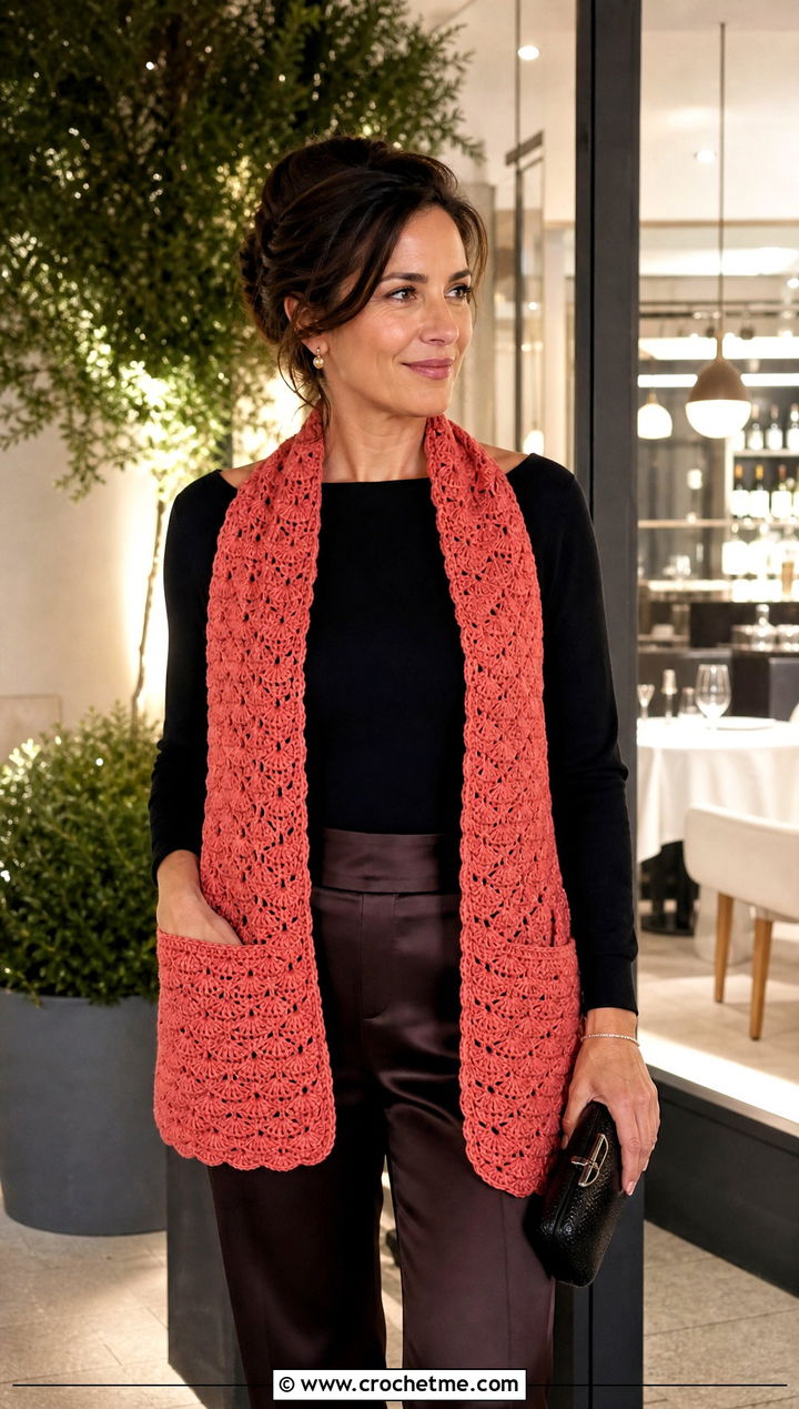 Shell Stitch Pocket Scarf With Satin Trousers - 25 crochet pocket scarves outfit ideas