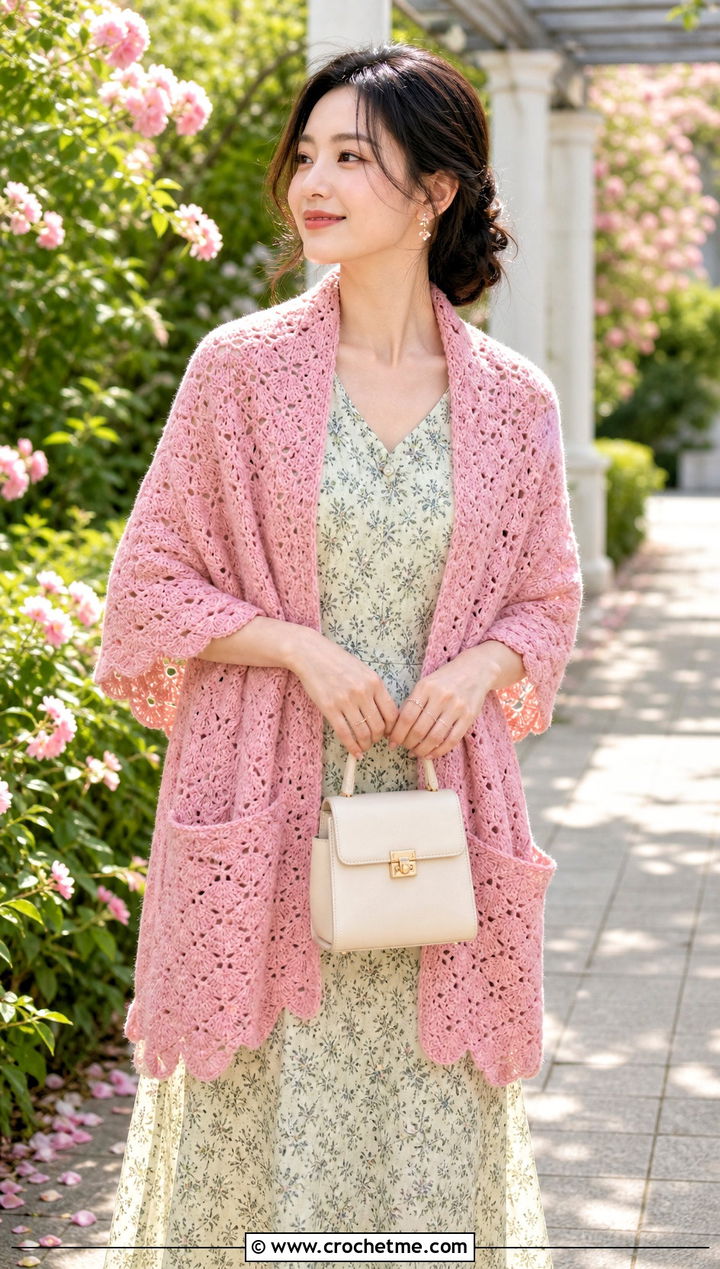 Shell Stitch Pocket Shawl With Floral Dress - 25 Crochet Pocket Scarf Shawl outfit ideas