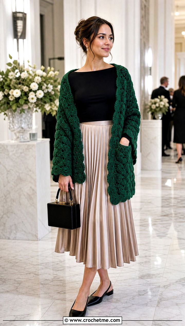 Shell Stitch Pocket Shawl With Pleated Skirt - 25 Easy Crochet Shawl With Pockets outfit ideas