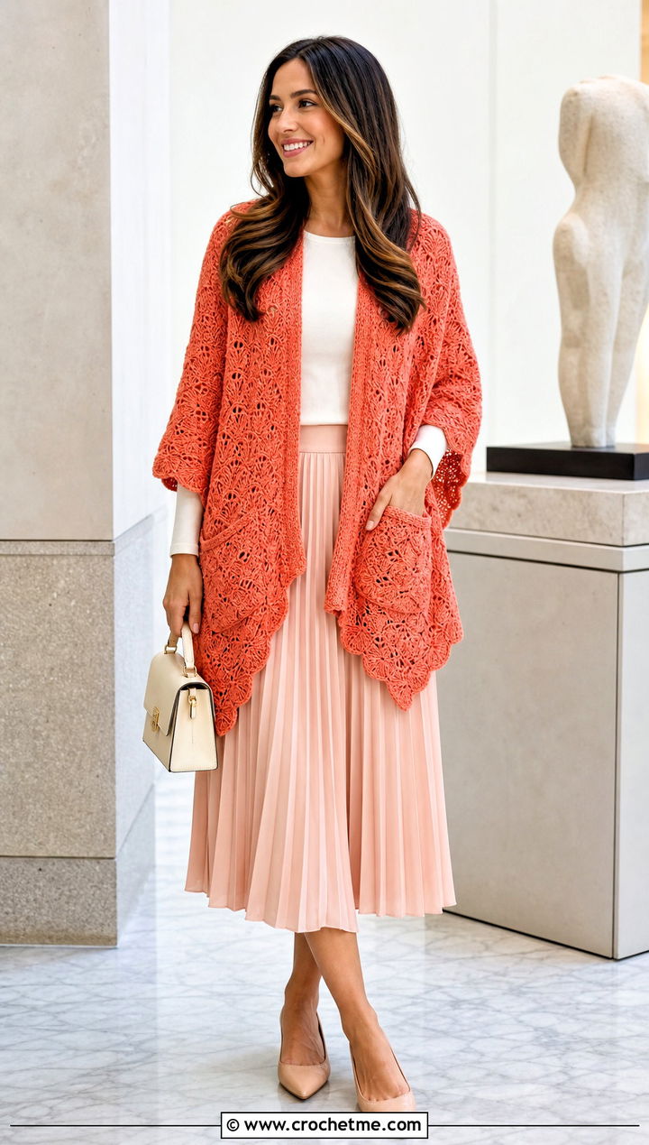 Shell Stitch Pocket Wrap With Pleated Midi Skirt - 35 crochet wrap with pockets outfit ideas