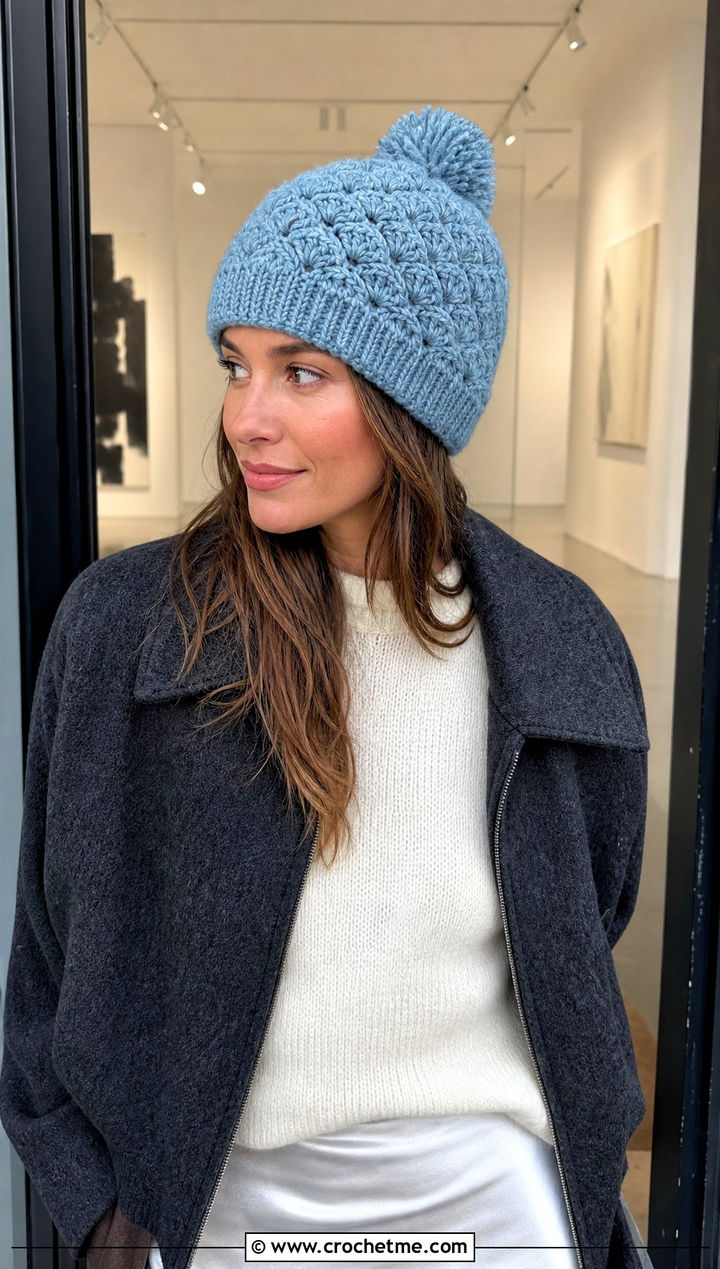 Shell Stitch Pom Pom Beanie With Satin Skirt - 30 crochet beanie with pom pom outfit ideas