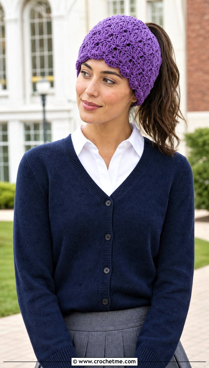 Shell Stitch Ponytail Beanie With Cardigan And Pleated Skirt - 30 crochet beanie with ponytail hole outfit ideas