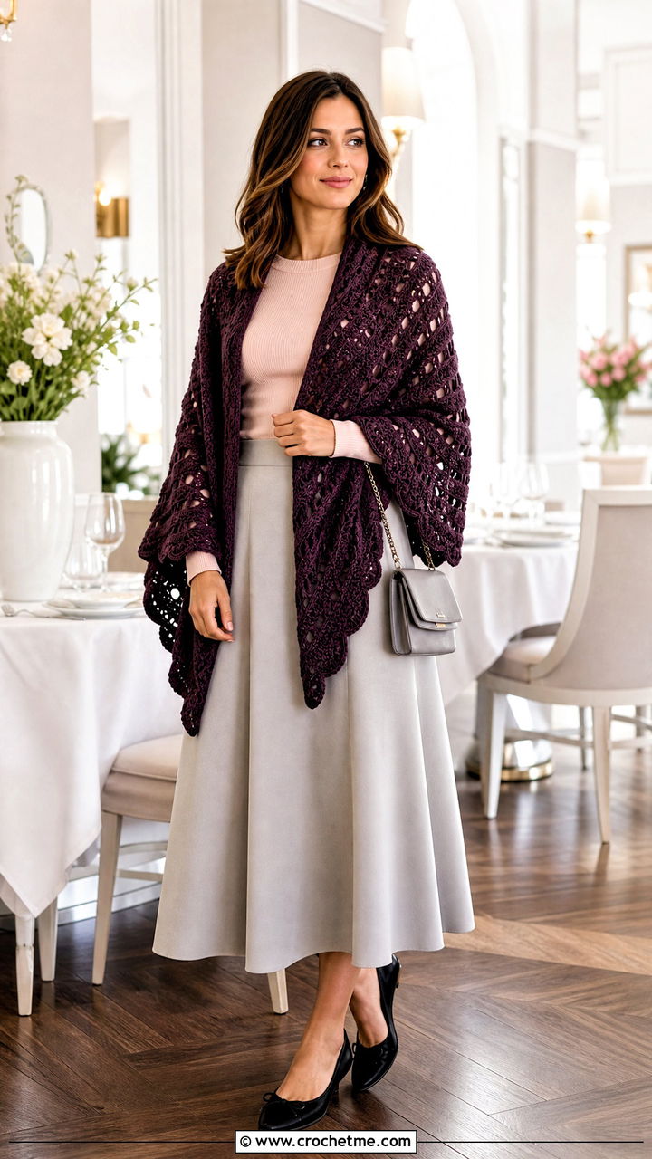 Shell Stitch Prayer Shawl With Midi Skirt And Ballet Flats - 35 easy crochet prayer shawls outfit ideas