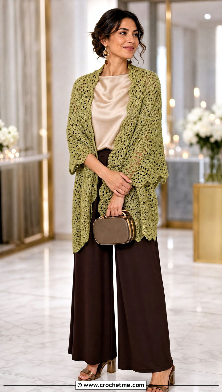 Shell Stitch Prayer Shawl With Satin Blouse And Palazzo Pants - 15 Crochet Prayer Shawl Amazing Grace outfit ideas