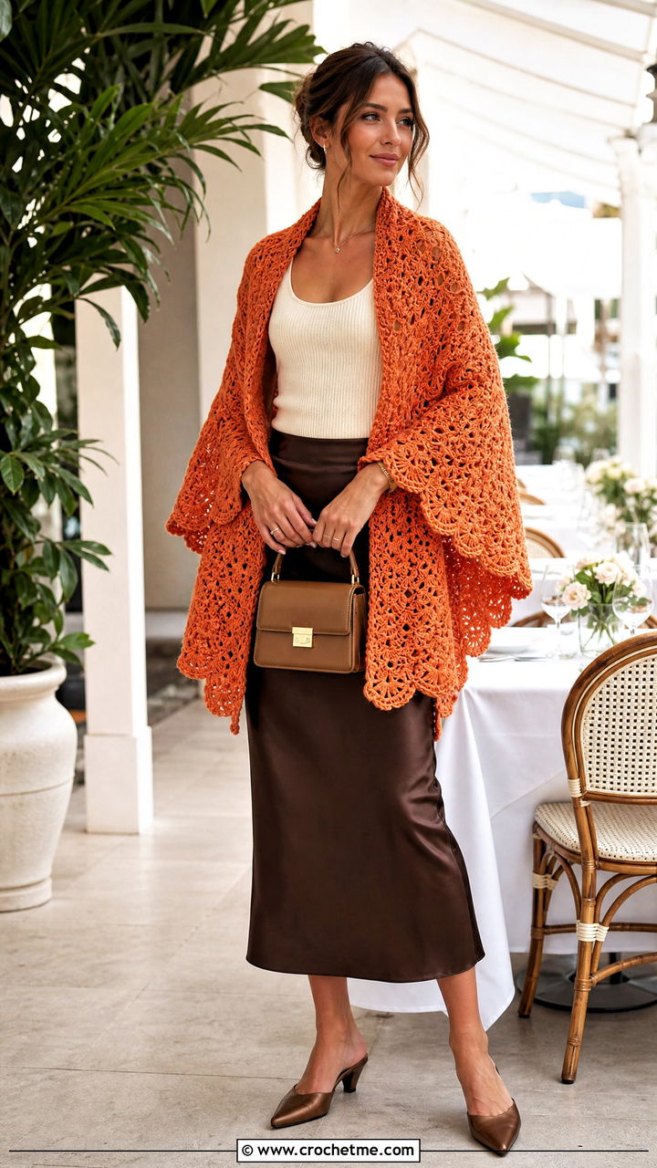 Shell Stitch Prayer Shawl With Satin Midi Skirt - 35 crochet prayer shawl outfit ideas