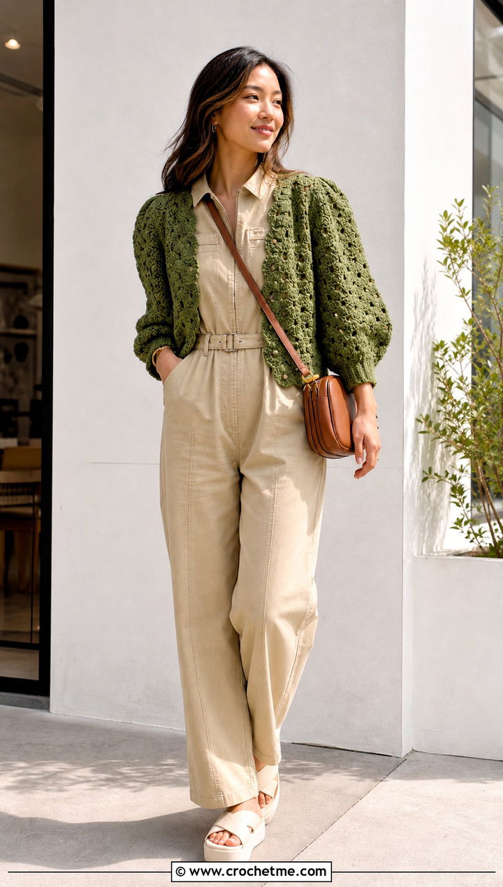 Shell Stitch Puff Sleeve Cardigan With Utility Jumpsuit - 25 Crochet Puffy Sleeves Cardigan outfit ideas