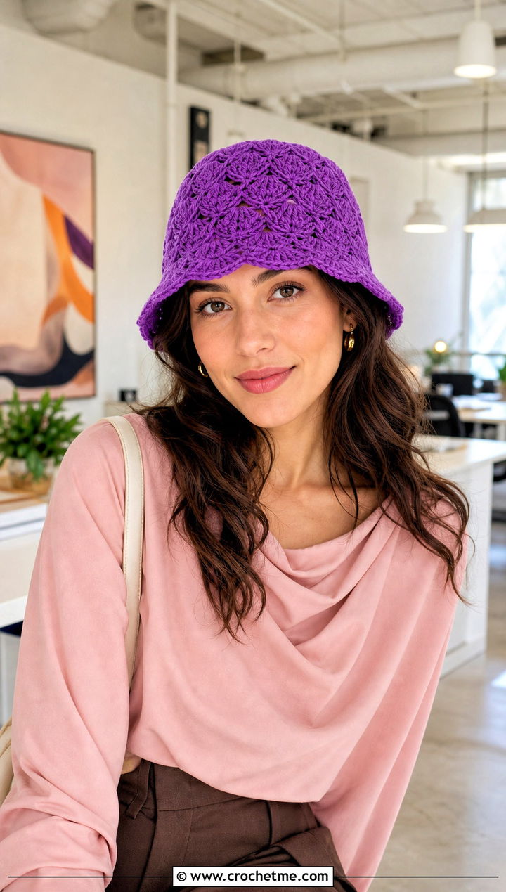 Shell Stitch Purple Crochet Bucket Hat With Blouse And Culottes - 30 purple crochet bucket hat outfit ideas