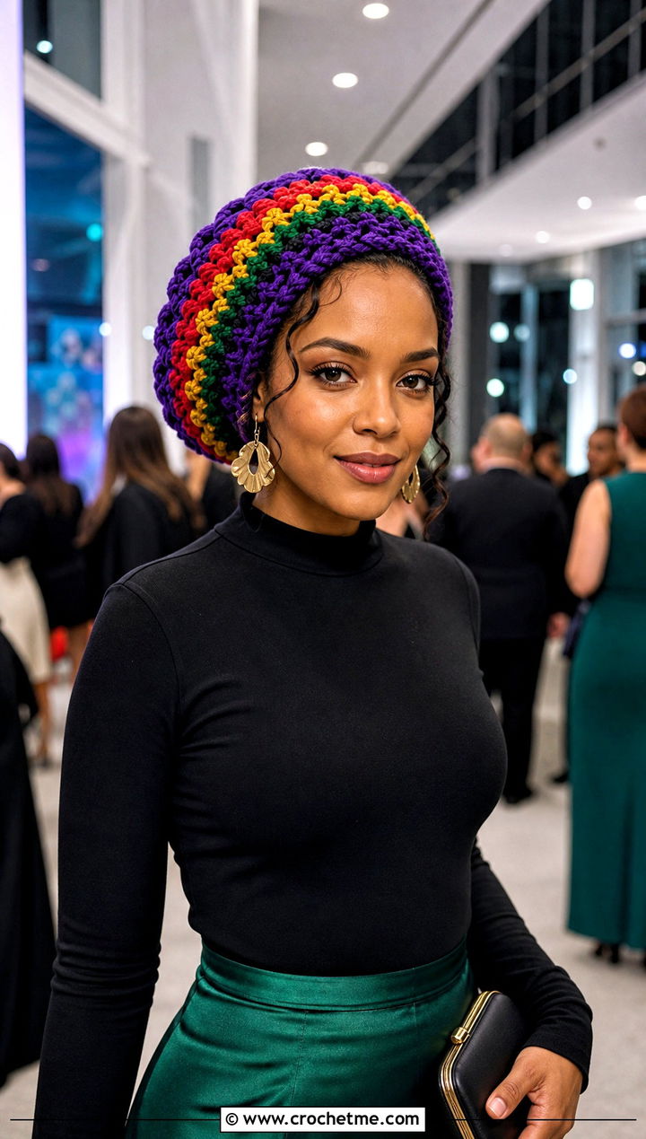 Shell Stitch Rasta Beanie With Satin Midi Skirt - 25 crochet rasta beanie outfit ideas