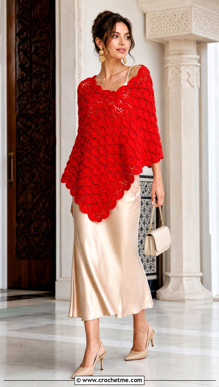 Shell Stitch Rectangle Crochet Poncho With Satin Skirt - 15 Easy Crochet Poncho From A Rectangle outfit ideas