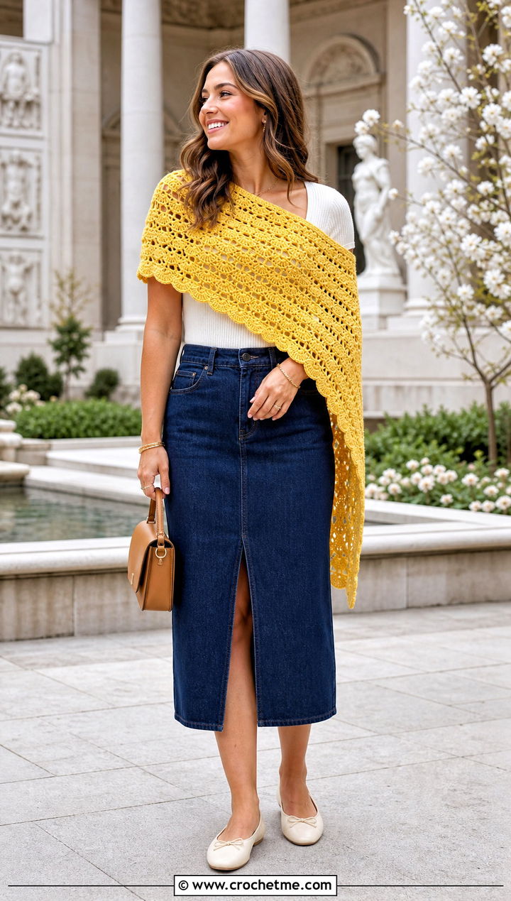 Shell Stitch Rectangle Crochet Shawl With Denim Midi Skirt - 20 Rectangle Crochet Shawl outfit ideas