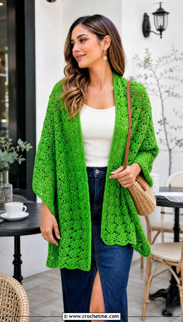 Shell Stitch Rectangle Crochet Shawl With Denim Skirt - 20 Rectangle Crochet Shawls outfit ideas