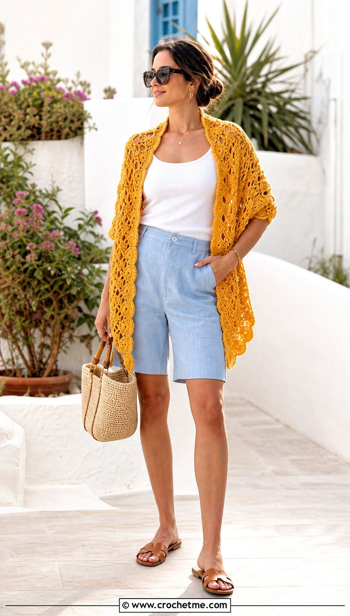 Shell Stitch Rectangle Crochet Shawl With Linen Shorts - 25 Easy Rectangle Crochet Shawl outfit ideas