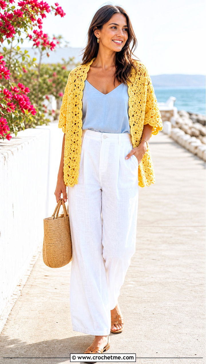 Shell Stitch Rectangle Crochet Shrug With Linen Pants - 20 Rectangle Crochet Shrug outfit ideas