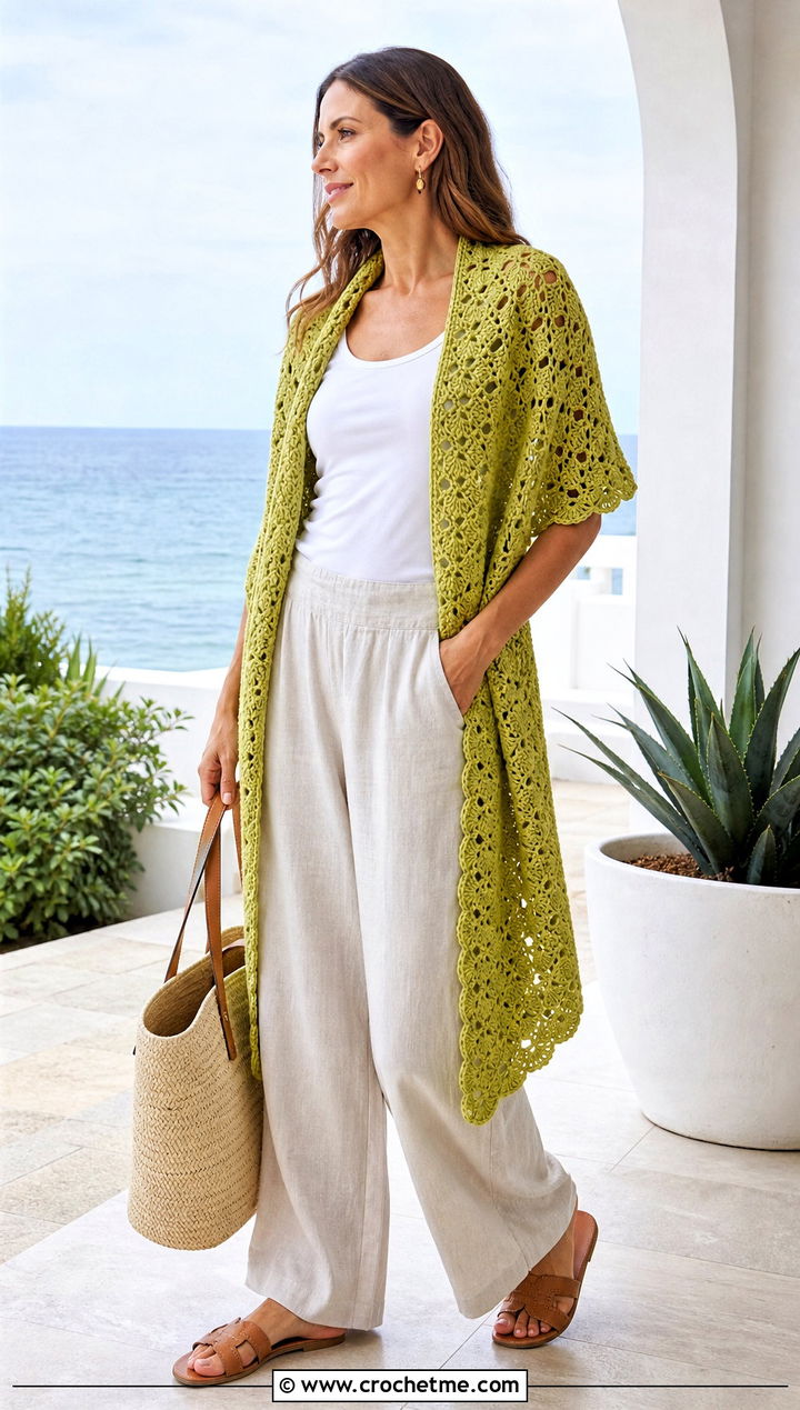 Shell Stitch Rectangle Crochet Wrap With Linen Pants - 20 Rectangle Crochet Wrap outfit ideas