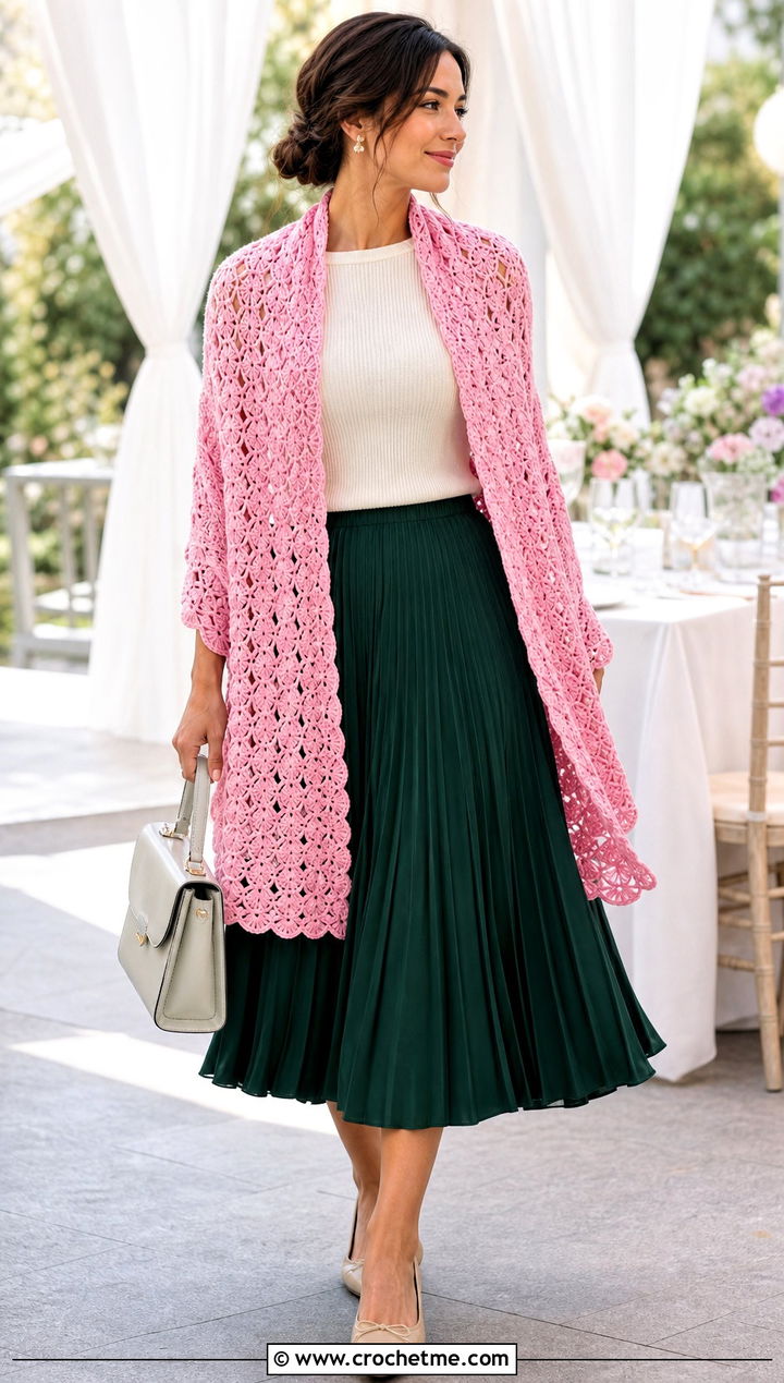 Shell Stitch Rectangle Shawl With Pleated Skirt - 25 Easy Crochet Rectangle Shawl outfit ideas