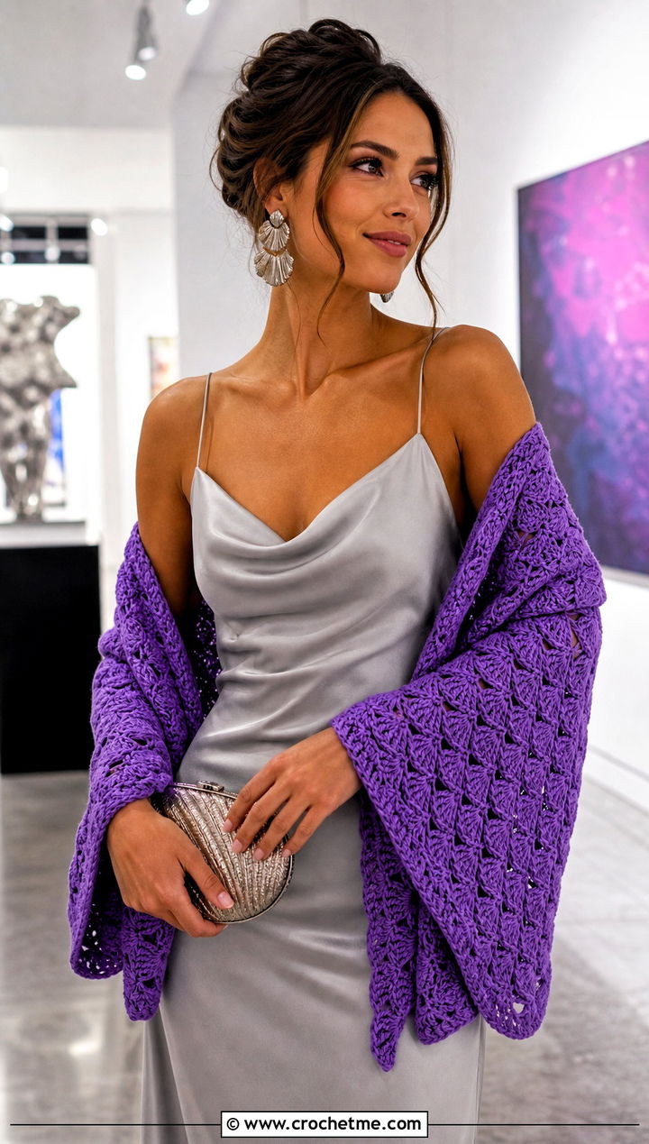 Shell Stitch Rectangular Crochet Shawl With Satin Slip Dress - 30 rectangular crochet shawls outfit ideas