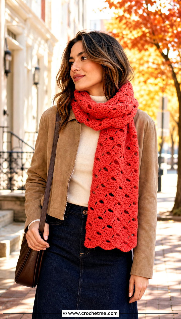 Shell Stitch Red Crochet Scarf With Denim Midi Skirt - 25 taylor swift red crochet scarf outfit ideas