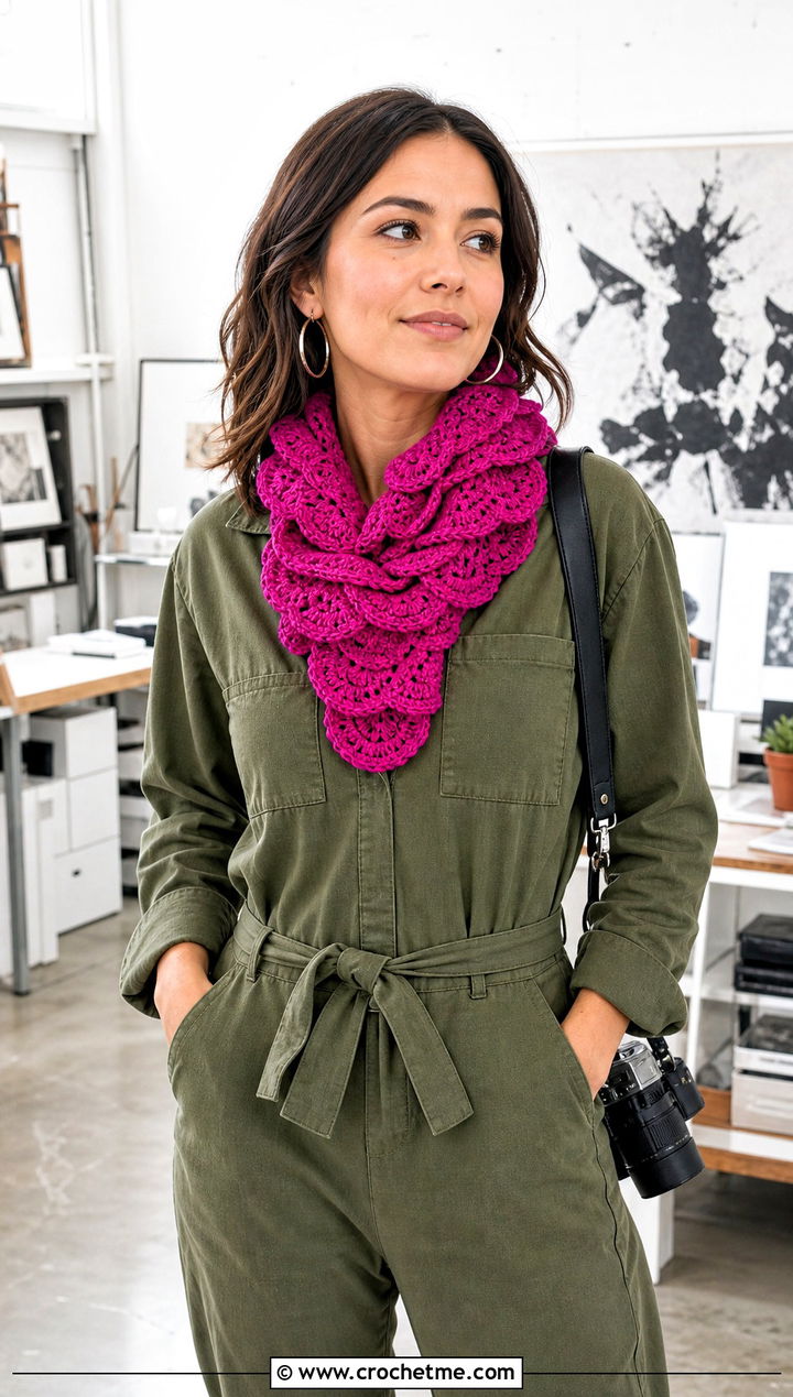Shell Stitch Ruffle Scarf With Utility Jumpsuit And Sneakers - 30 crochet ruffle scarf outfit ideas