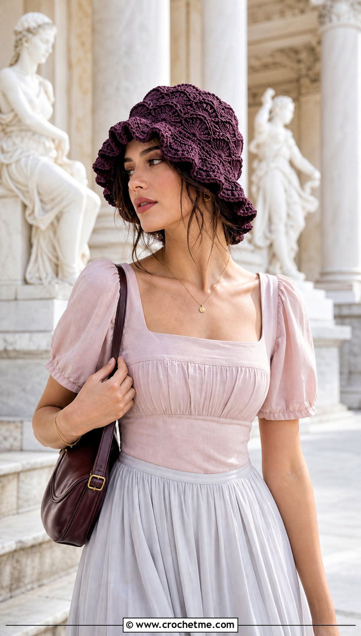 Shell Stitch Ruffled Crochet Bucket Hat With Maxi Skirt - 25 ruffled crochet bucket hat outfit ideas