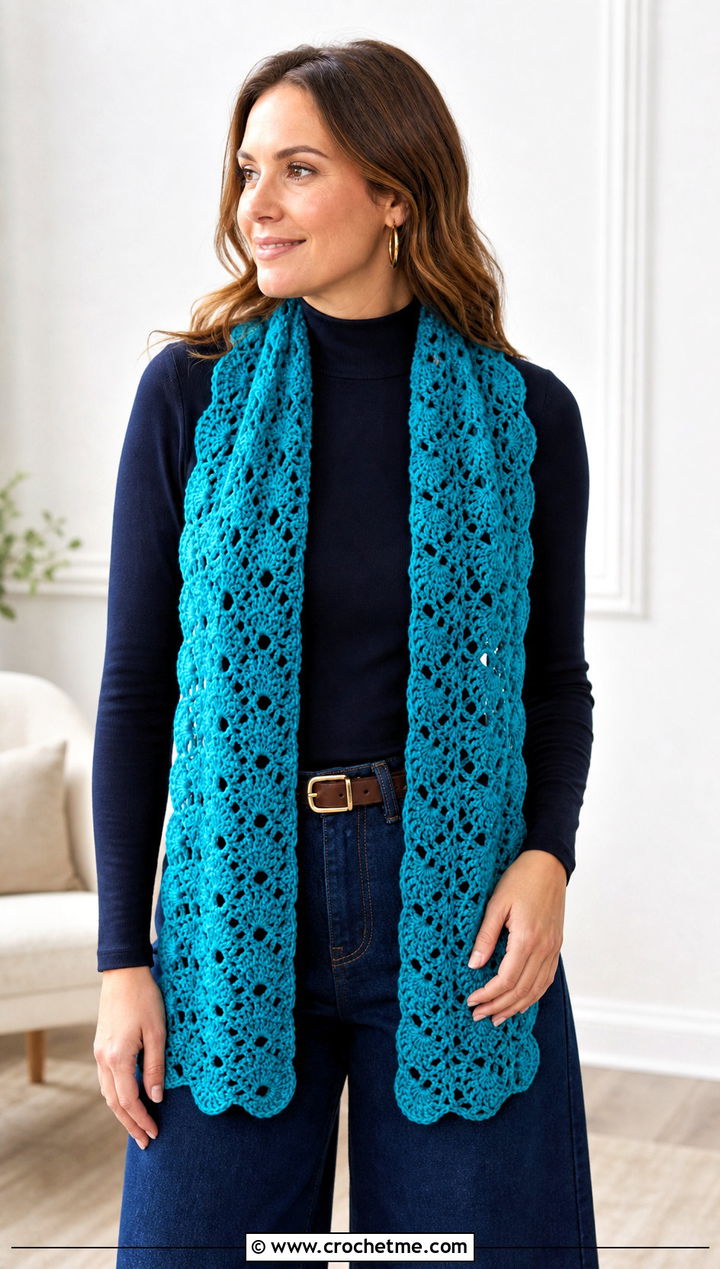 Shell Stitch Sampler Scarf With Wide Leg Jeans - 20 Crochet Stitch Sampler Scarf outfit ideas