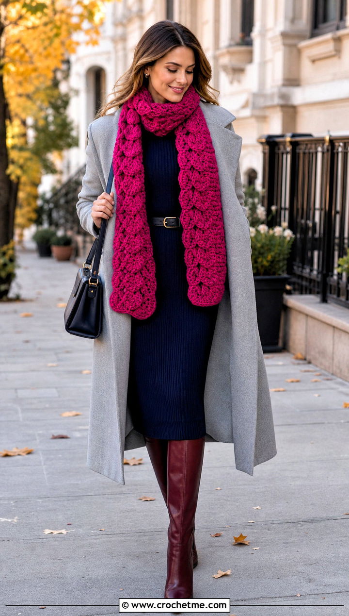 Shell Stitch Scarf With Knit Dress - 35 crochet neck scarf outfit ideas
