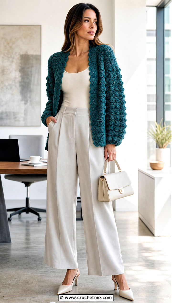 Shell Stitch Seamless Crochet Cardigan With Wide Leg Trousers - 25 Crochet Seamless Cardigan outfit ideas