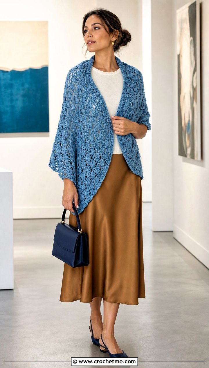 Shell Stitch Semicircle Shawl With Satin Skirt - 30 boho crochet shawl outfit ideas