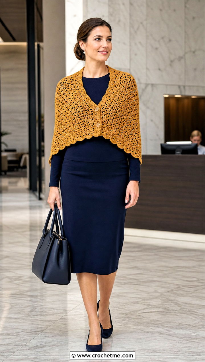 Shell Stitch Shawlette Buttoned Crochet Wrap With Pencil Skirt - 15 Buttoned Crochet Wrap outfit ideas
