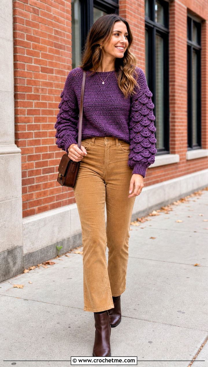 Shell Stitch Sleeve Crochet Top With Corduroy Pants - 35 crochet top sleeves outfit ideas