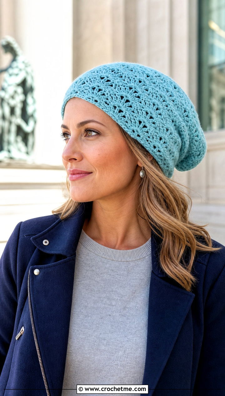 Shell Stitch Slouch Crochet Beanie With Midi Skirt - 30 slouch crochet beanie outfit ideas