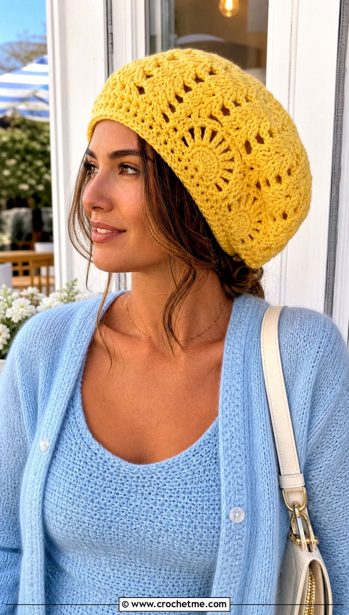 Shell Stitch Slouchy Crochet Beanie With Cardigan Set - 25 Easy Slouchy Crochet Beanie outfit ideas
