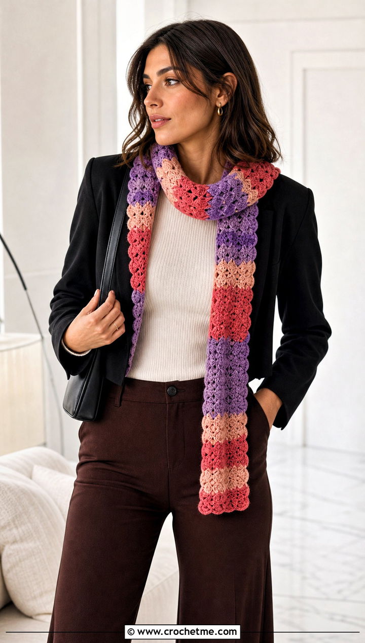 Shell Stitch Stripe Crochet Scarf With Flared Pants - 30 Stripe Crochet Scarf outfit ideas