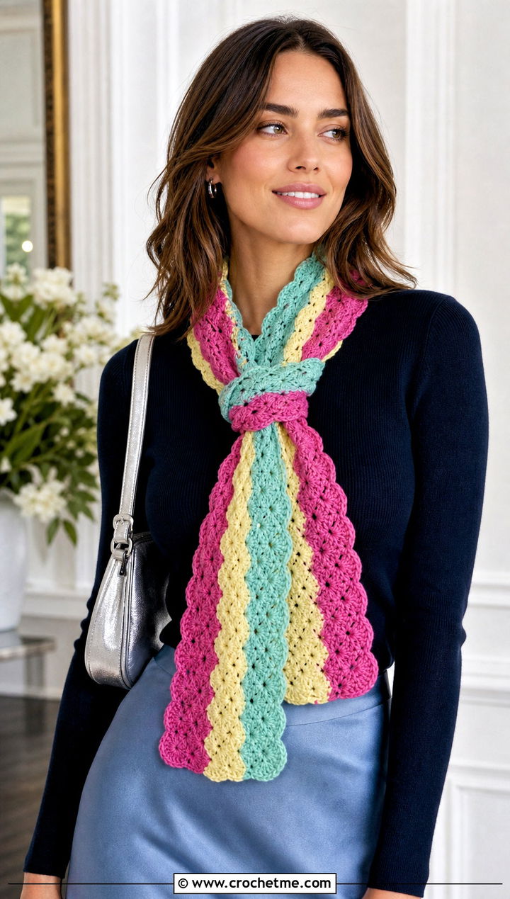 Shell Stitch Striped Crochet Scarf With Midi Skirt - 30 striped crochet scarf outfit ideas