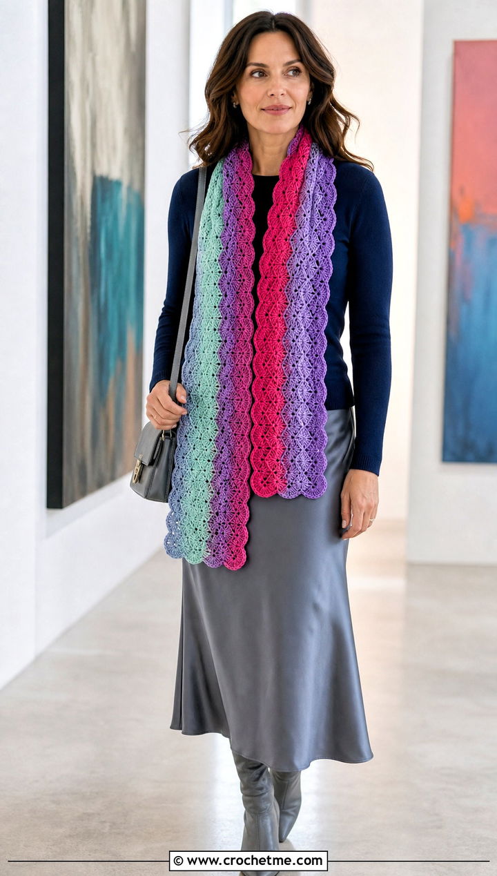 Shell Stitch Temperature Scarf With Satin Skirt - 30 crochet temperature scarf outfit ideas