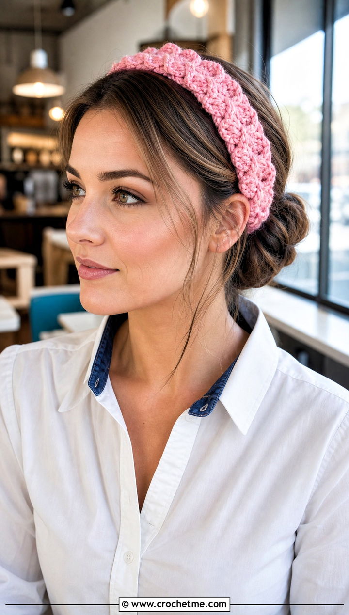 Shell Stitch Tie Crochet Adjustable Headband With White Shirt - 20 Crochet Adjustable Headband outfit ideas