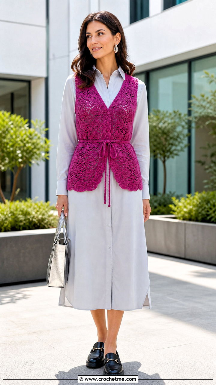Shell Stitch Tie Crochet Vest With Shirt Dress - 35 crochet tie vest outfit ideas