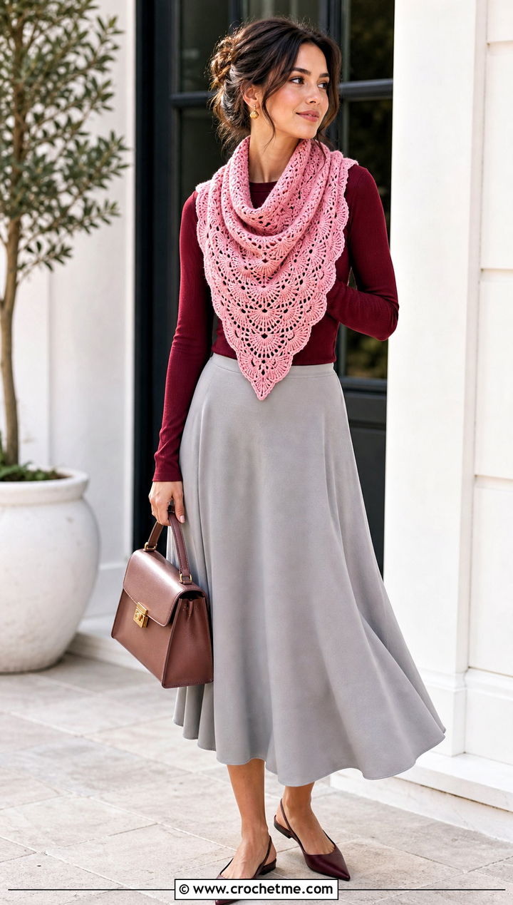 Shell Stitch Triangle Cowl With Midi Skirt - 30 crochet triangle cowl outfit ideas
