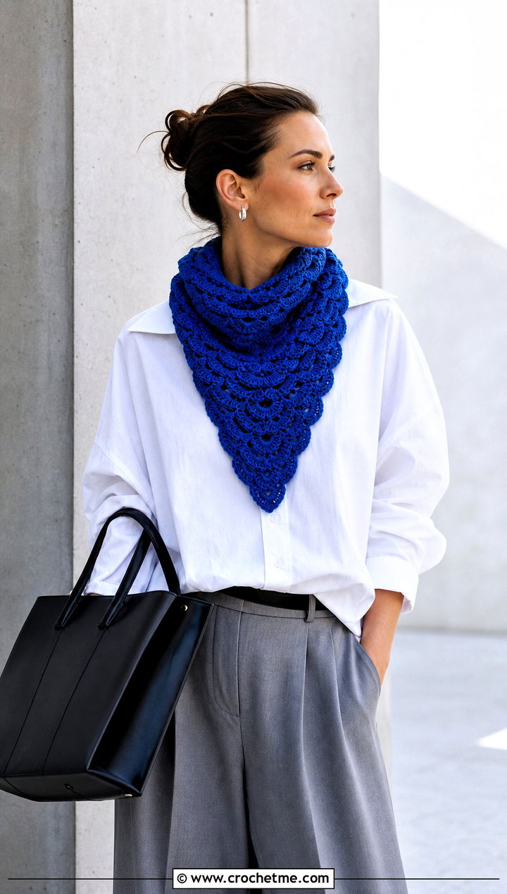 Shell Stitch Triangle Crochet Scarf With White Shirt - 15 Boho Triangle Crochet Scarf outfit ideas