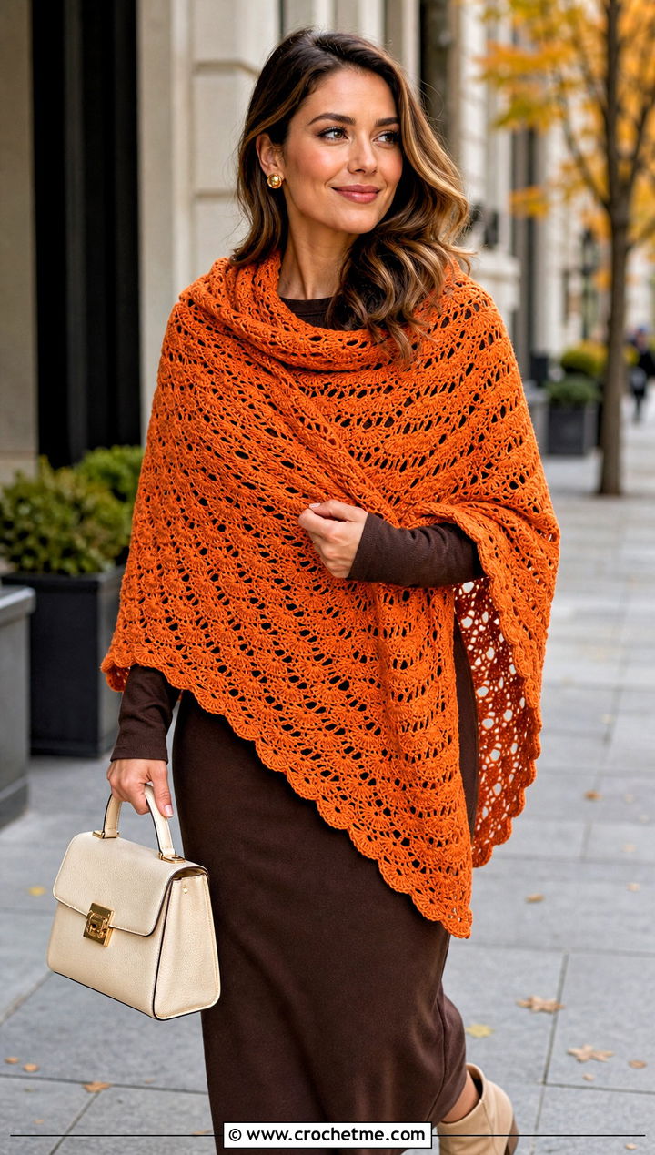 Shell Stitch Triangle Crochet Shawl With Midi Dress And Boots - 30 easy triangle crochet shawl outfit ideas