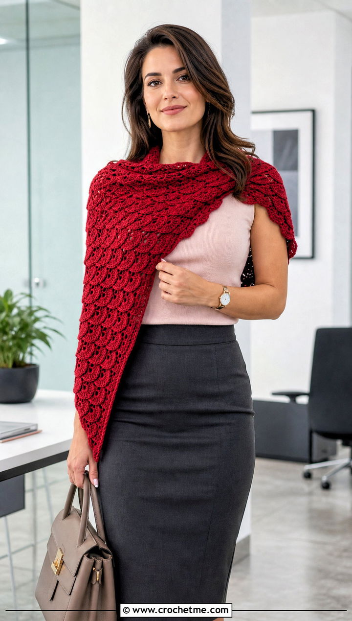 Shell Stitch Triangle Crochet Shawl With Pencil Skirt - 25 triangle crochet shawls outfit ideas