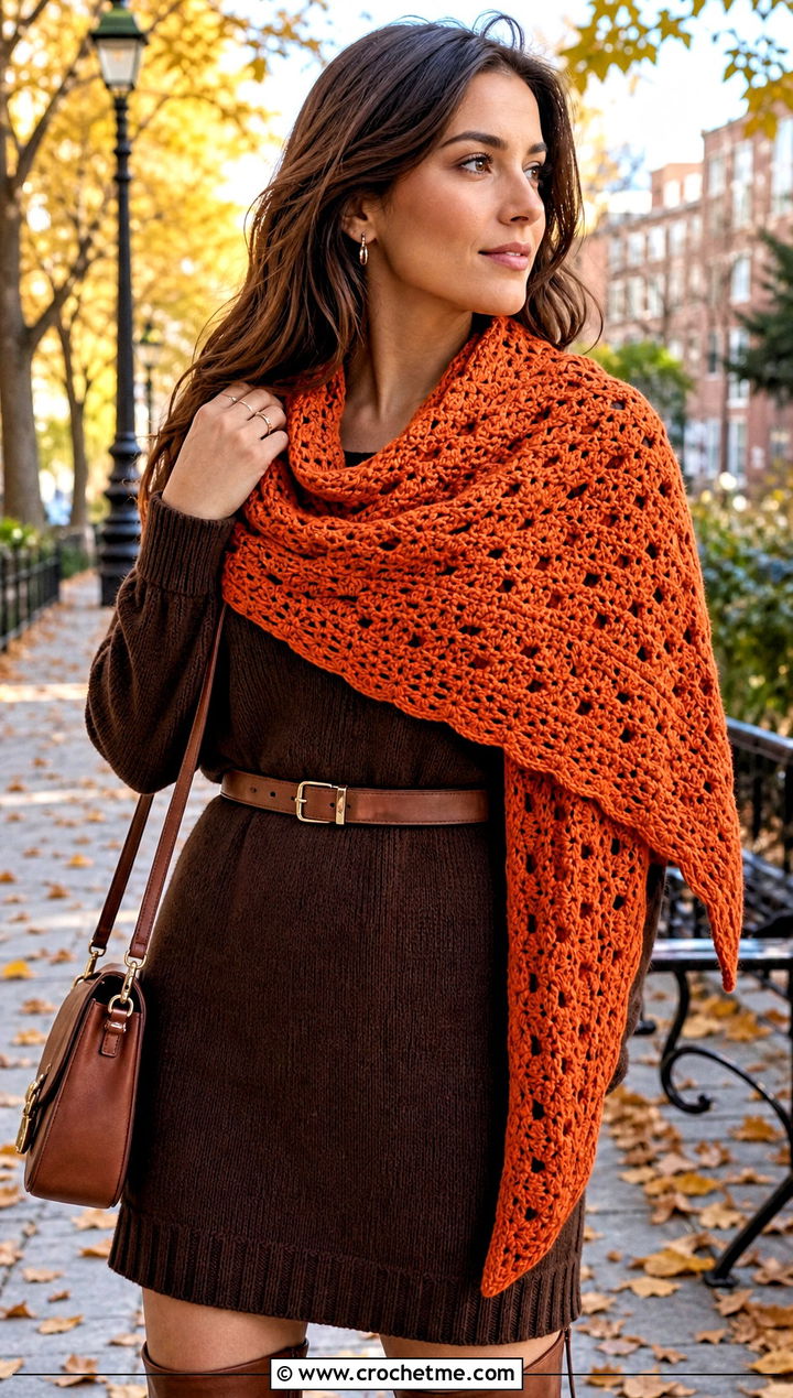 Shell Stitch Triangle Crochet Shawl With Sweater Dress - 35 triangle crochet shawl outfit ideas