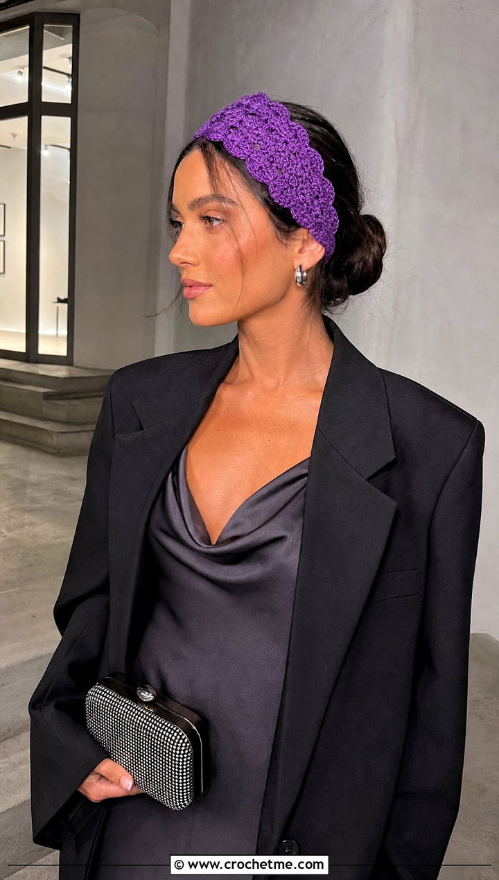 Shell Stitch Triangle Headband With Slip Dress And Blazer - 30 crochet triangle headband outfit ideas