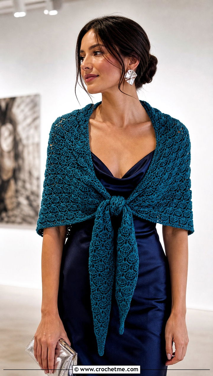 Shell Stitch Triangle Scarf With Slip Dress - 25 Crocheted Triangle Scarf outfit ideas
